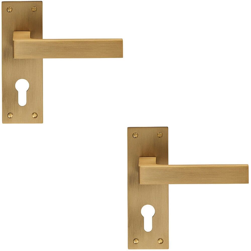 2x PAIR Straight Square Handle on Euro Lock Backplate 150 x 50mm Antique Brass