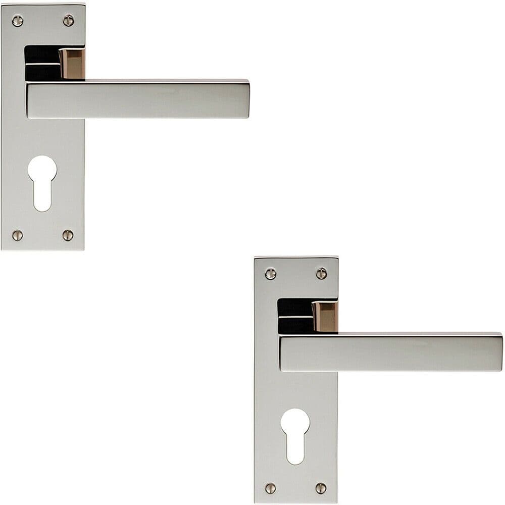 2x PAIR Straight Square Lever on Euro Lock Backplate 150 x 50mm Polished Nickel