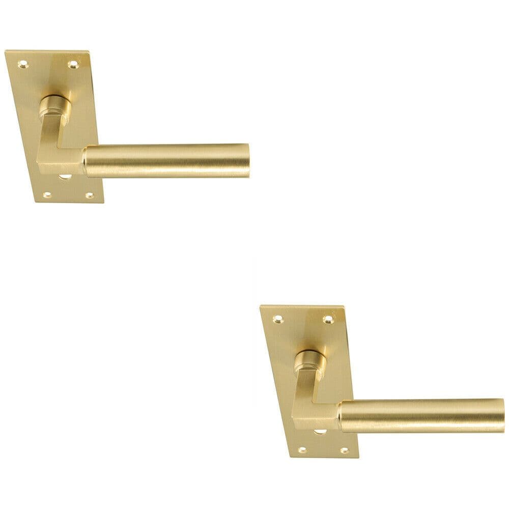 2x PAIR Round Bar Handle on Slim Lock Backplate 150 x 50mm Satin Brass