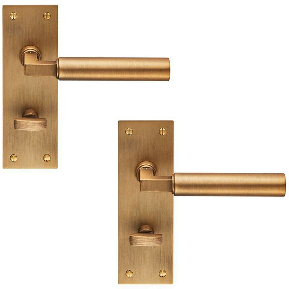 2x PAIR Round Bar Handle on Slim Bathroom Backplate 150 x 50mm Antique Brass
