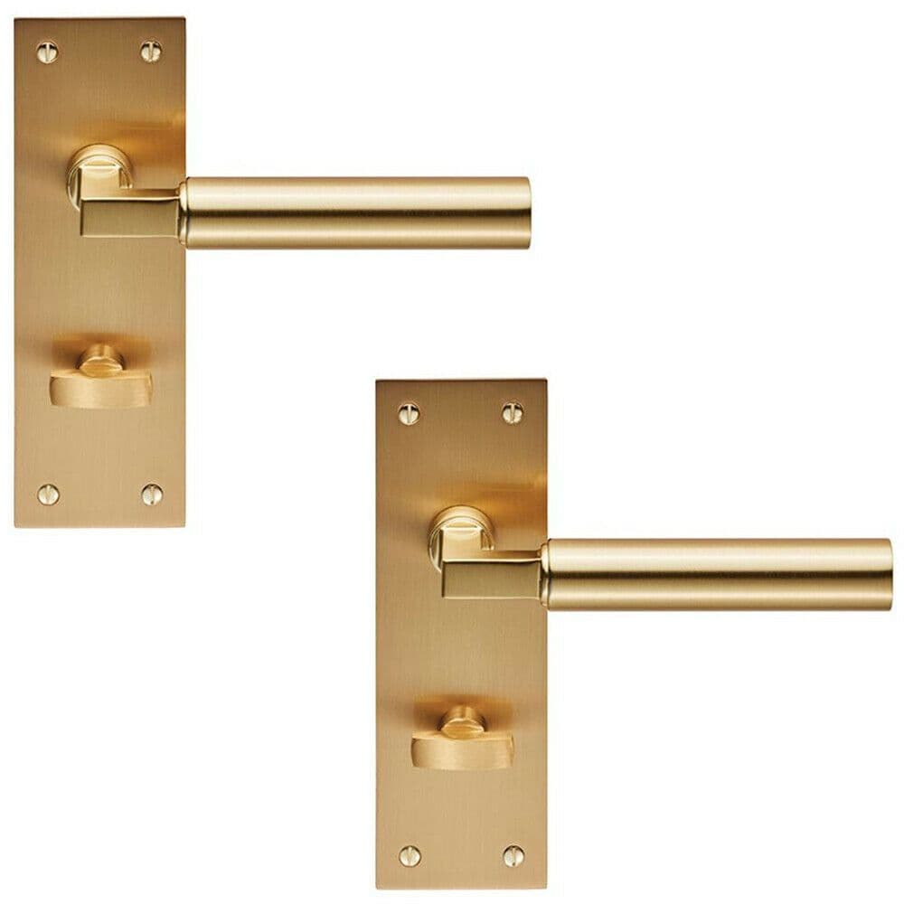 2x PAIR Round Bar Handle on Slim Bathroom Backplate 150 x 50mm Satin Brass