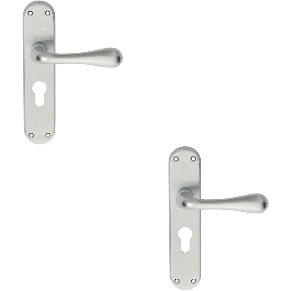 2x PAIR Smooth Round Bar Handle on Euro Lock Backplate 185 x 40mm Satin Chrome