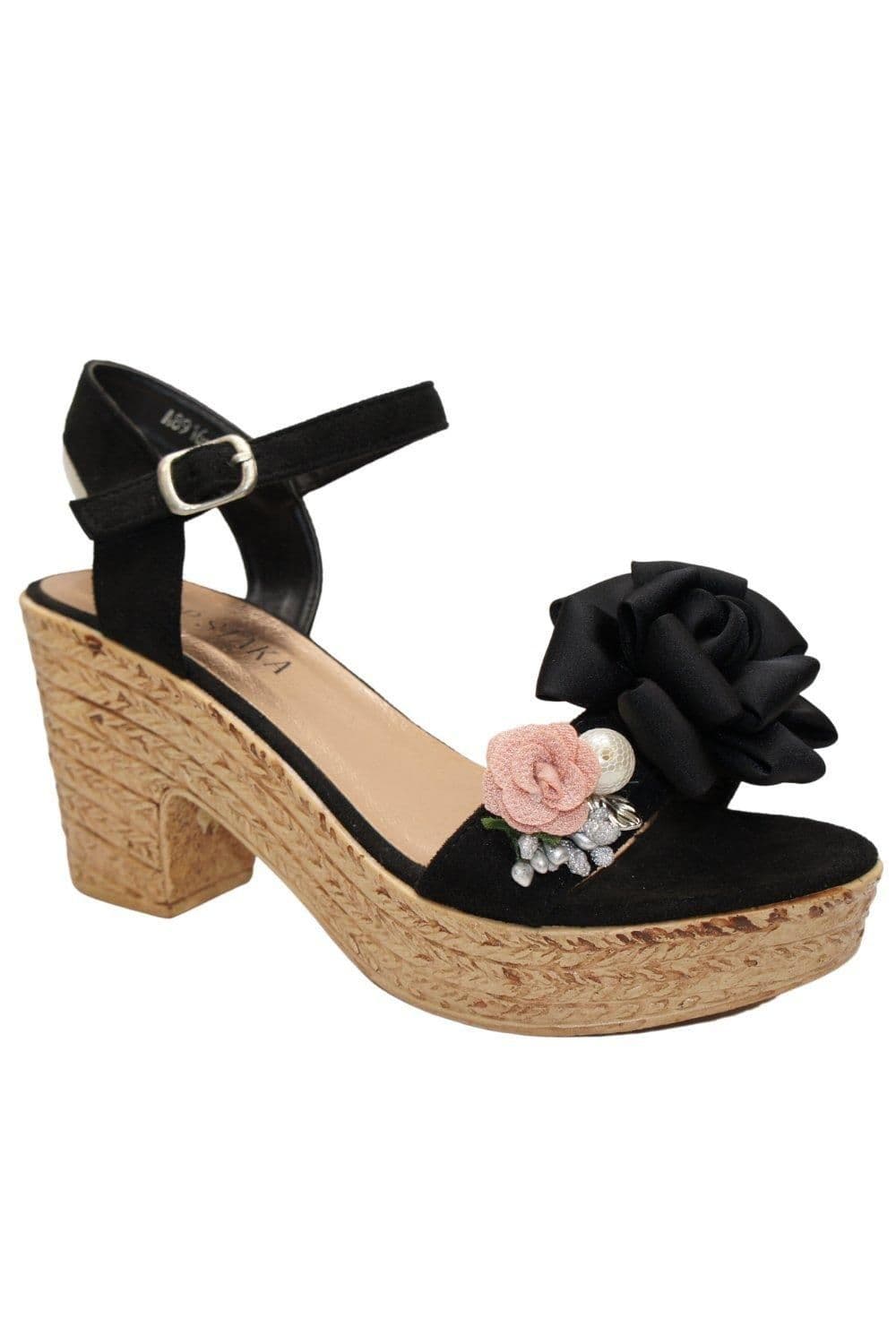 IVACHY Women's Floral & Pearl Espadrille Style Platform Wedge Party Sandals in Black | Size: 4