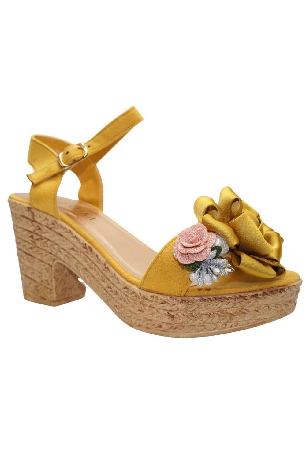 IVACHY Women's Floral & Pearl Espadrille Style Platform Wedge Party Sandals in Yellow | Size: 4