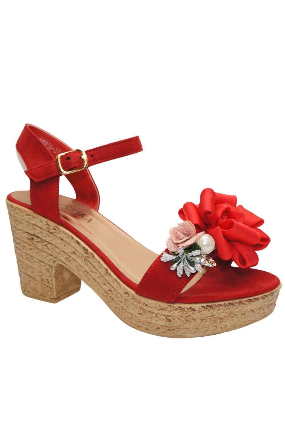 IVACHY Women's Floral & Pearl Espadrille Style Platform Wedge Party Sandals in Red | Size: 7