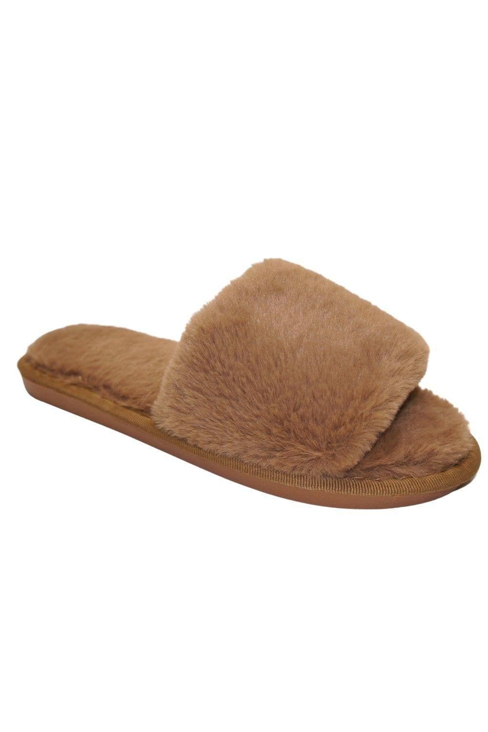 IVACHY Women's Faux Fur Lined Fluffy Winter Warm & Cosy Opened Toe Slippers in Camel | Size: 4