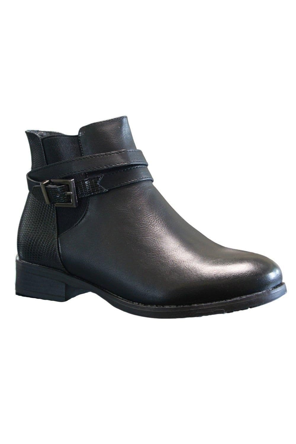 IVACHY Women's Fashion Faux Croc Buckle Deco Zip Closure Low Heel Ankle Boots in Black | Size: 4