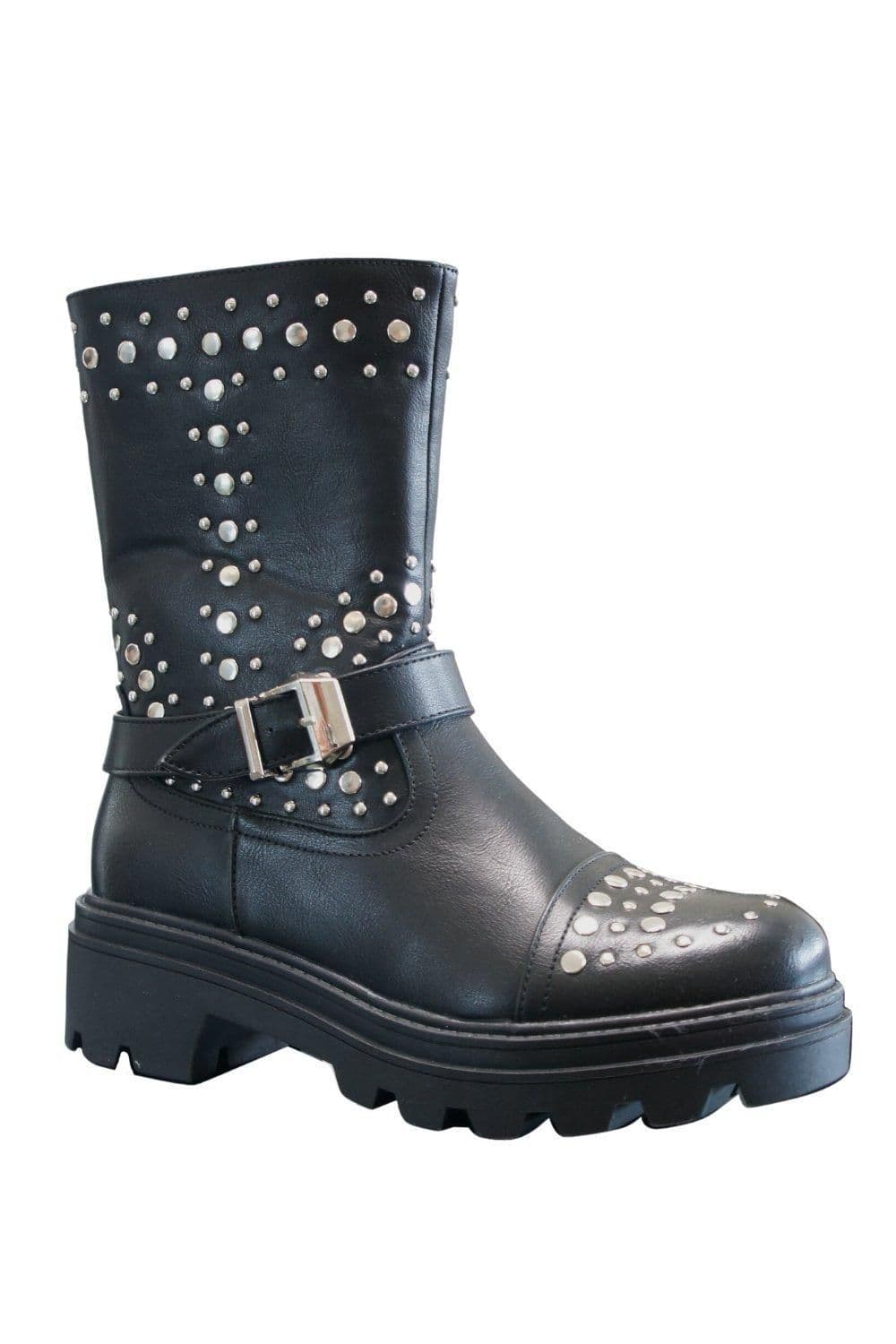 Black Studded Black buckle Chunky Zip Closure Ankle Boots