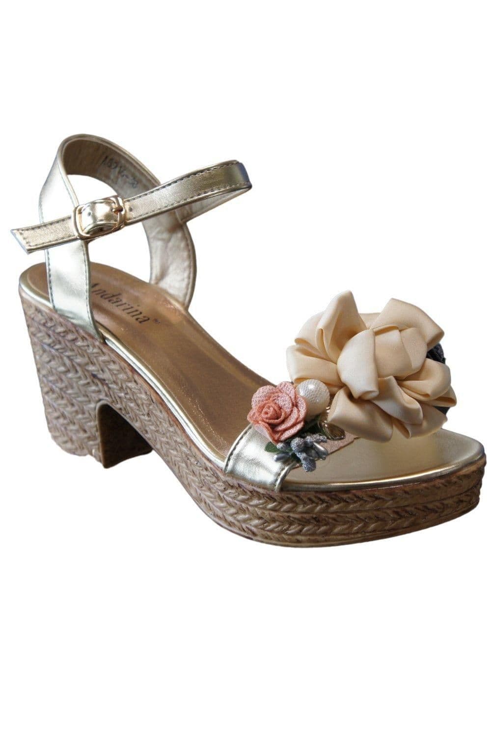 IVACHY Women's Floral & Pearl Espadrille Style Platform Wedge Party Sandals in Gold | Size: 4