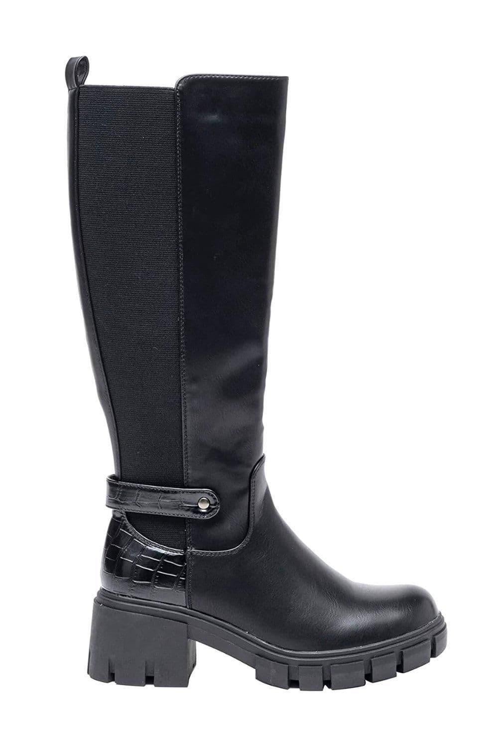 Buckle Croc-embossed Detail Zip Block Heel Tall Knee High Boots
