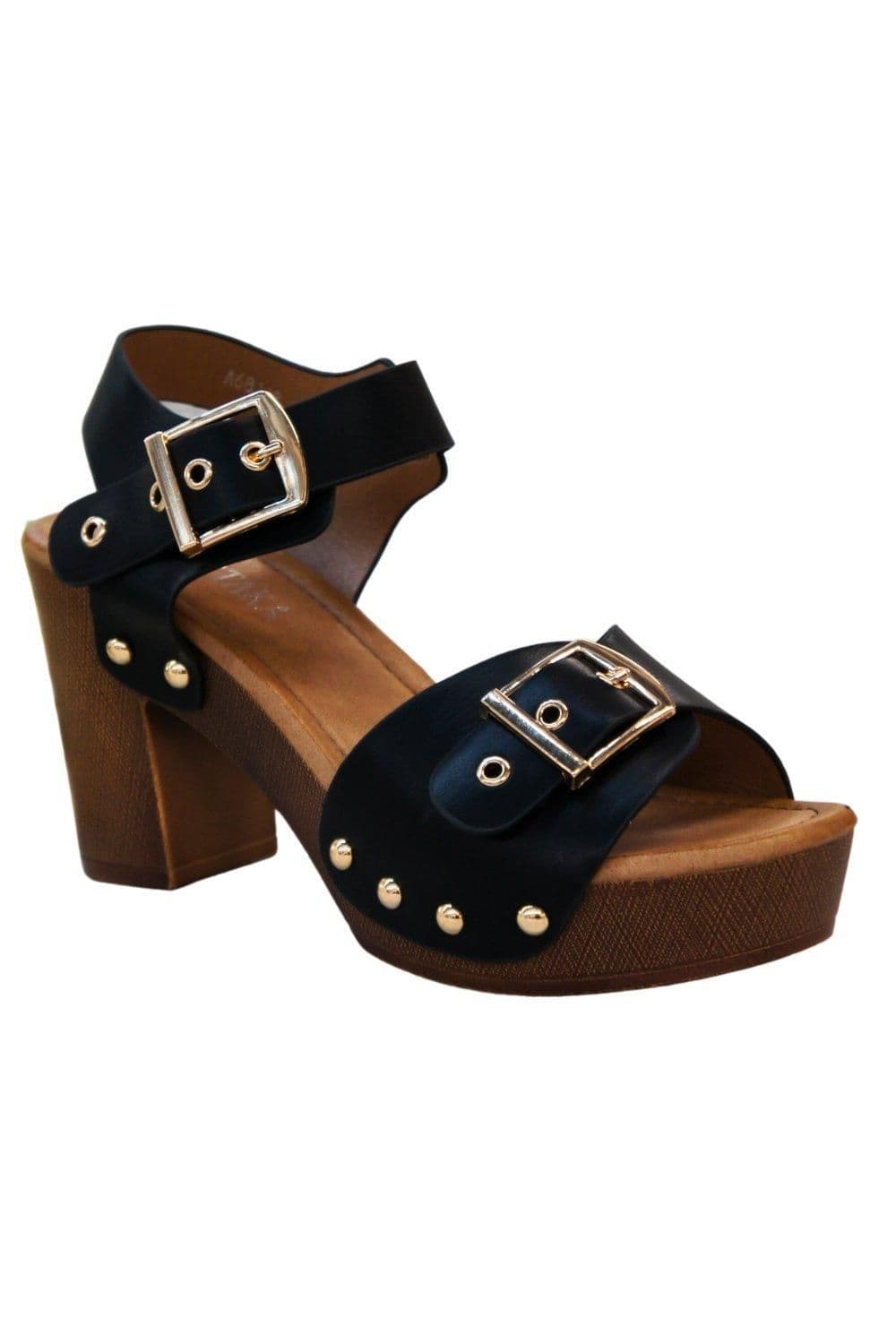 IVACHY Women's Fashion Buckle Wood Effect Heels in Black | Size: 4