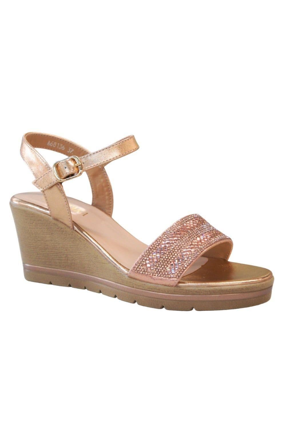 IVACHY Women's Shiny Sparkling Diamante with Buckle Closure Platform Wedge Sandals in Rose Gold | Size: 4