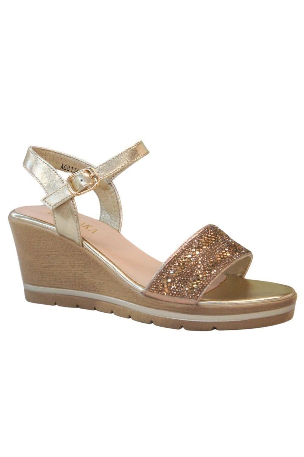 IVACHY Women's Shiny Sparkling Diamante with Buckle Closure Platform Wedge Sandals in Gold | Size: 7.5