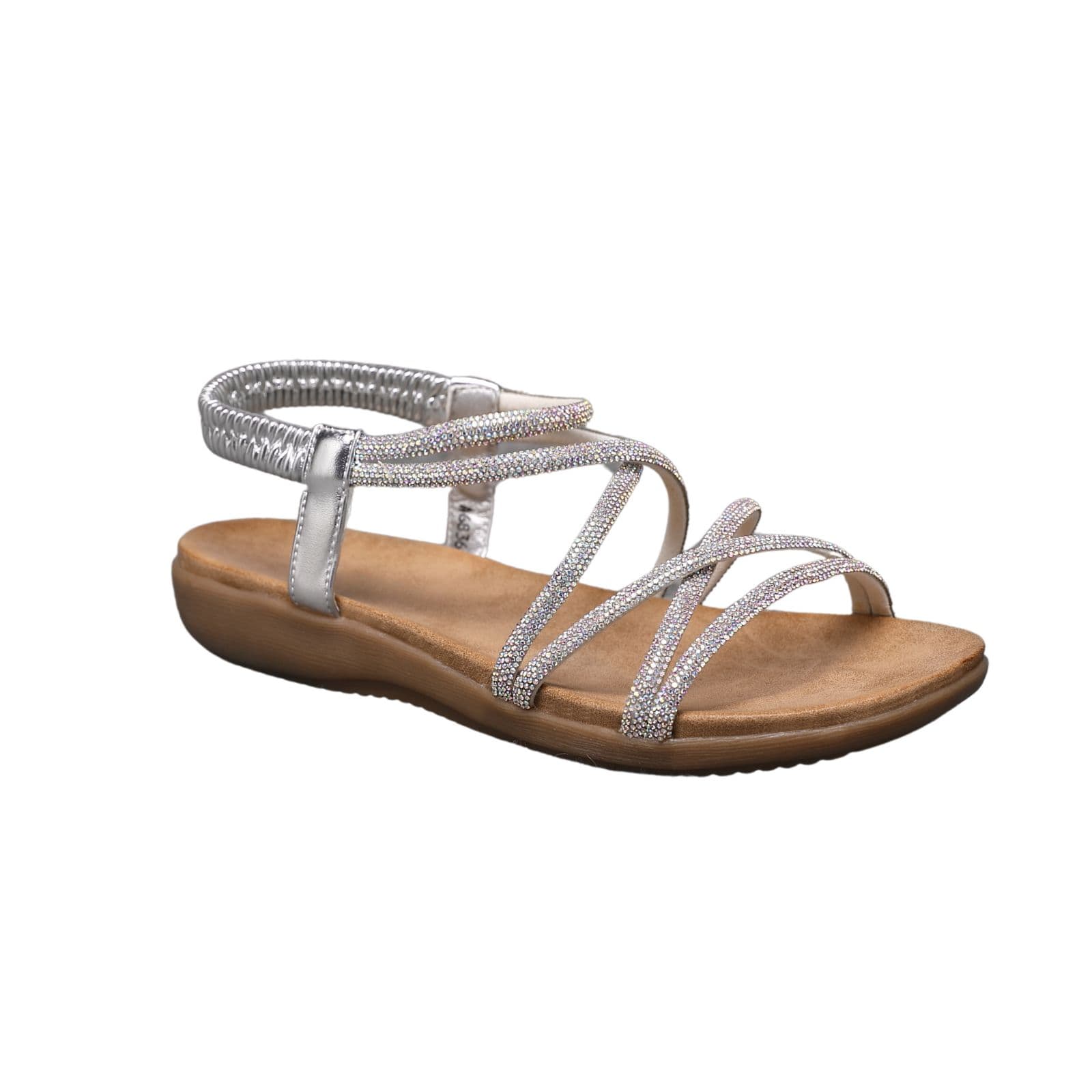 IVACHY Women's Gladiator Sandals Rhinestone Strappy Flat Summer Sandals with Ankle Strap in Silver | Size: 4