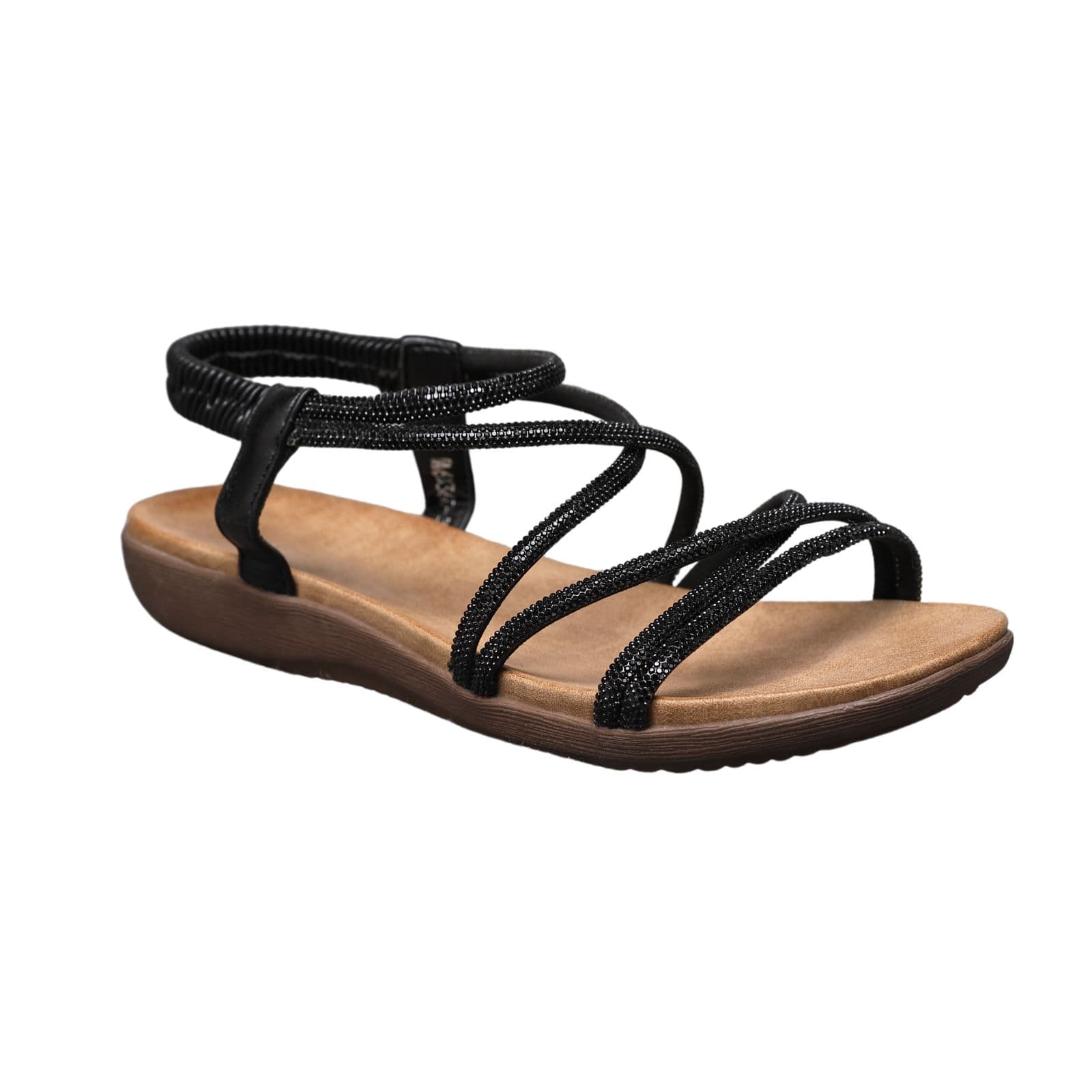 IVACHY Women's Gladiator Sandals Rhinestone Strappy Flat Summer Sandals with Ankle Strap in Black | Size: 3