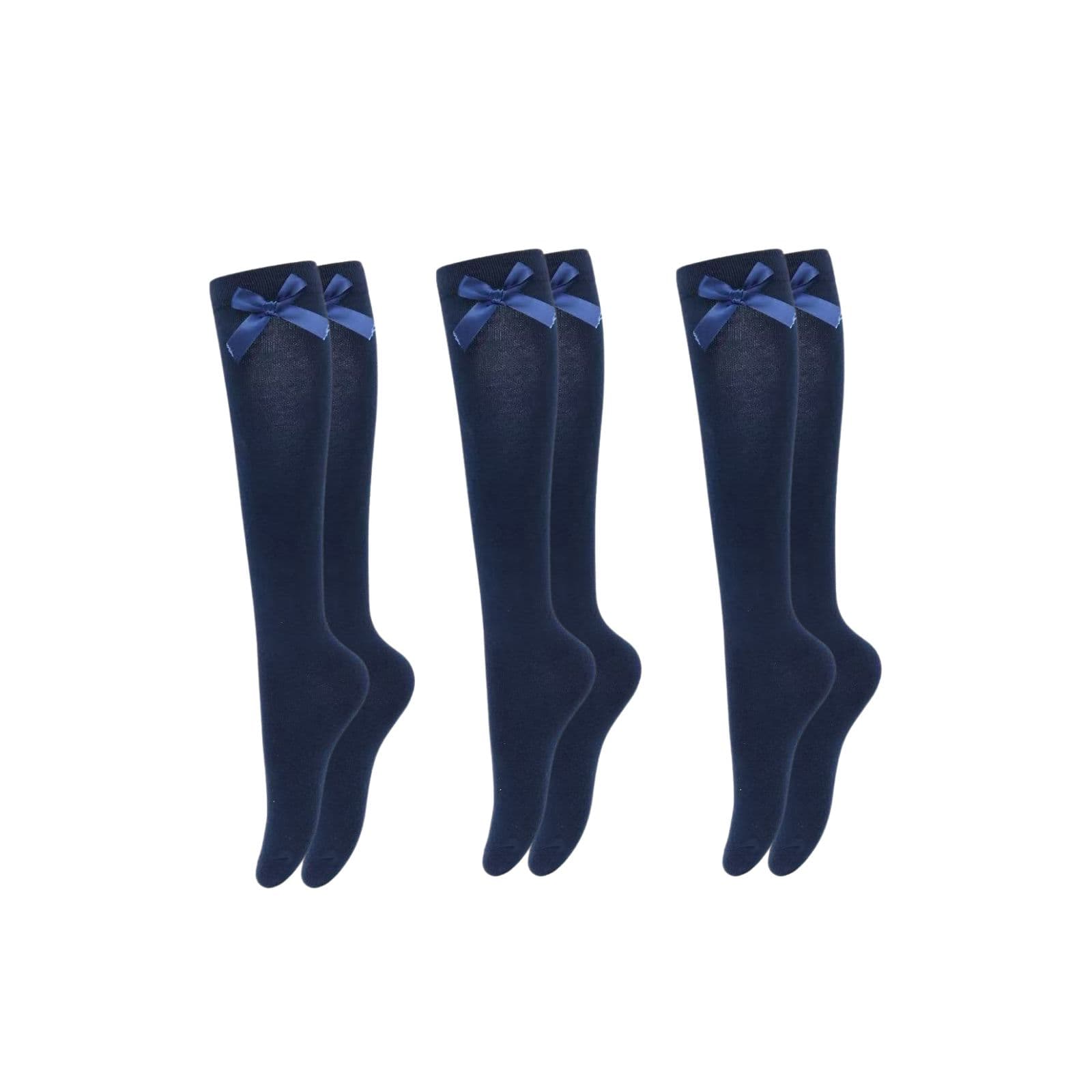 IVACHY Women's Knee High Socks with Satin Bow 3-Pack Soft Cotton for School Uniforms Daily Wear Navy | Size: 4-6