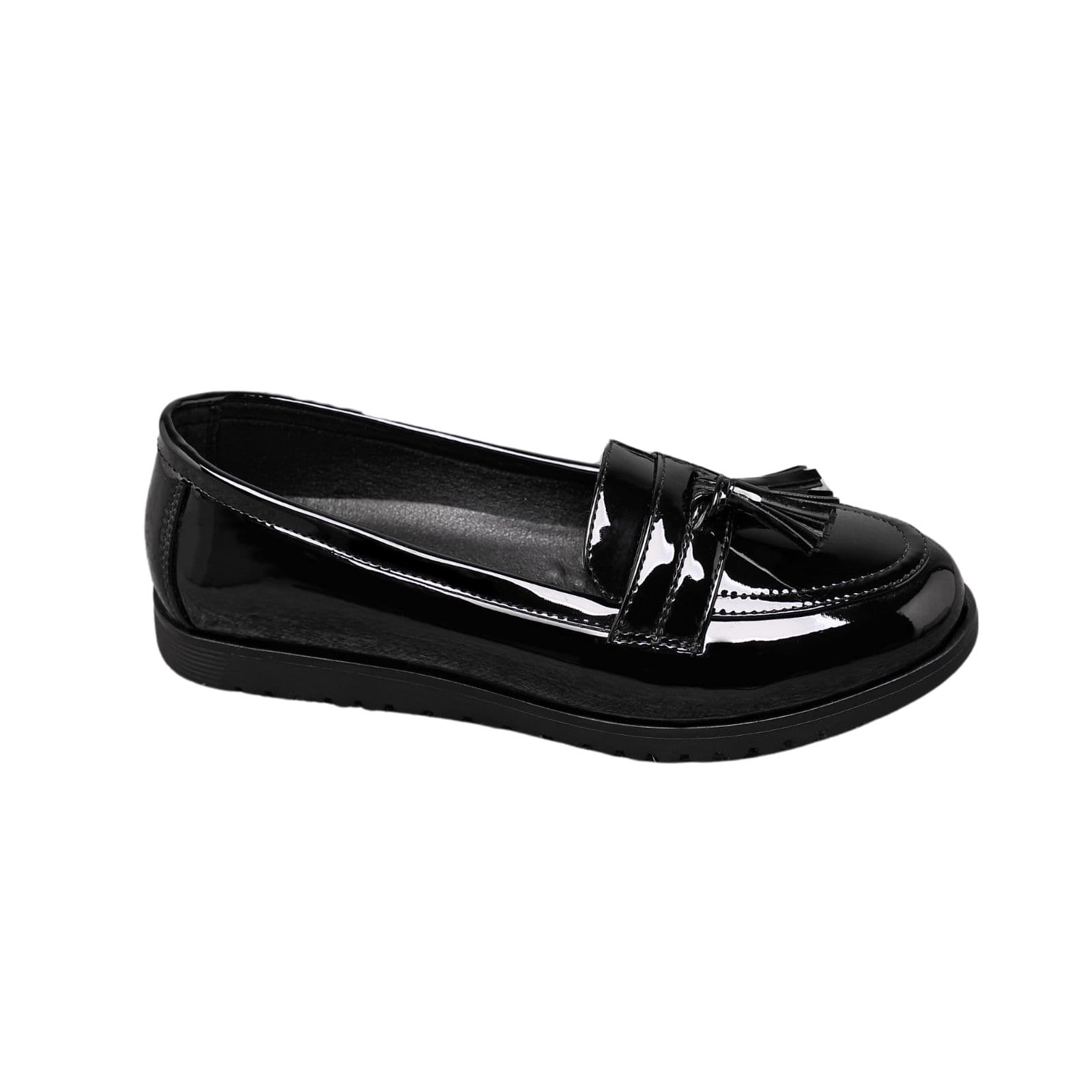 IVACHY Women's Black Patent Loafers with Tassel Style - Slip-On Flat Shoes | Size: 7.5