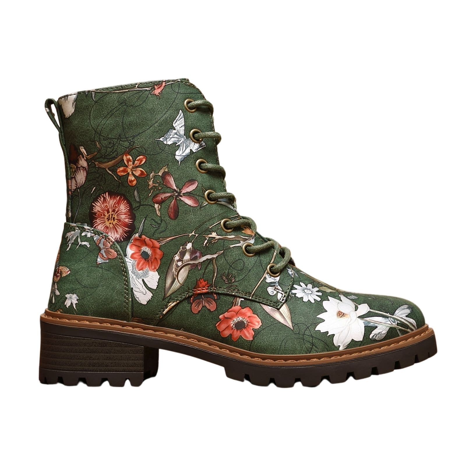 IVACHY Women's Floral Lace-Up Ankle Boots with Side Zip in Green | Size: 7