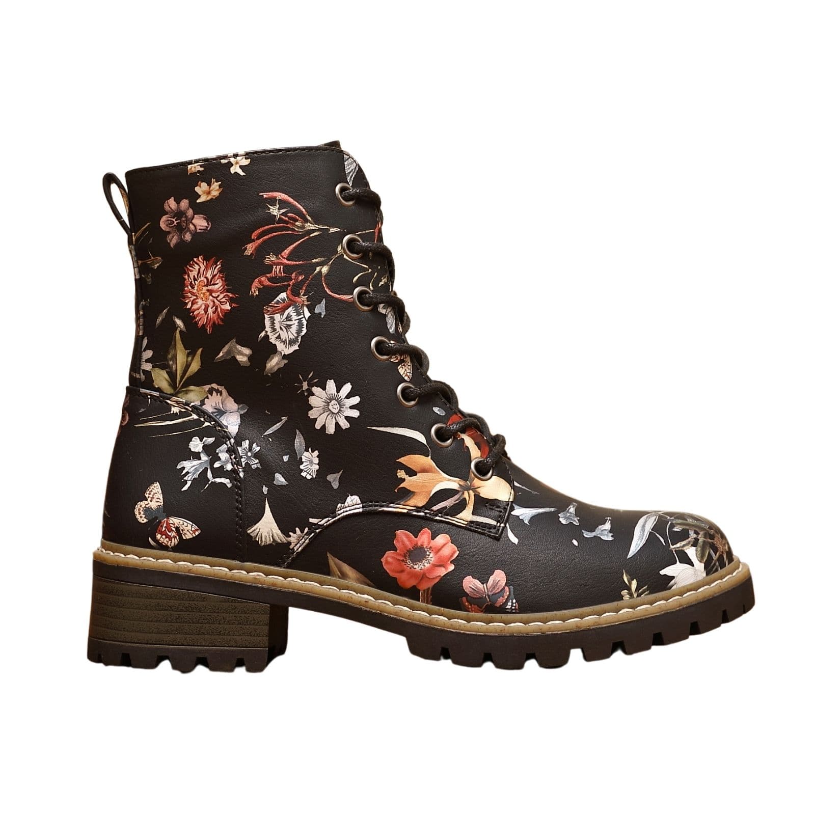 IVACHY Women's Floral Lace-Up Ankle Boots with Side Zip in Black | Size: 6