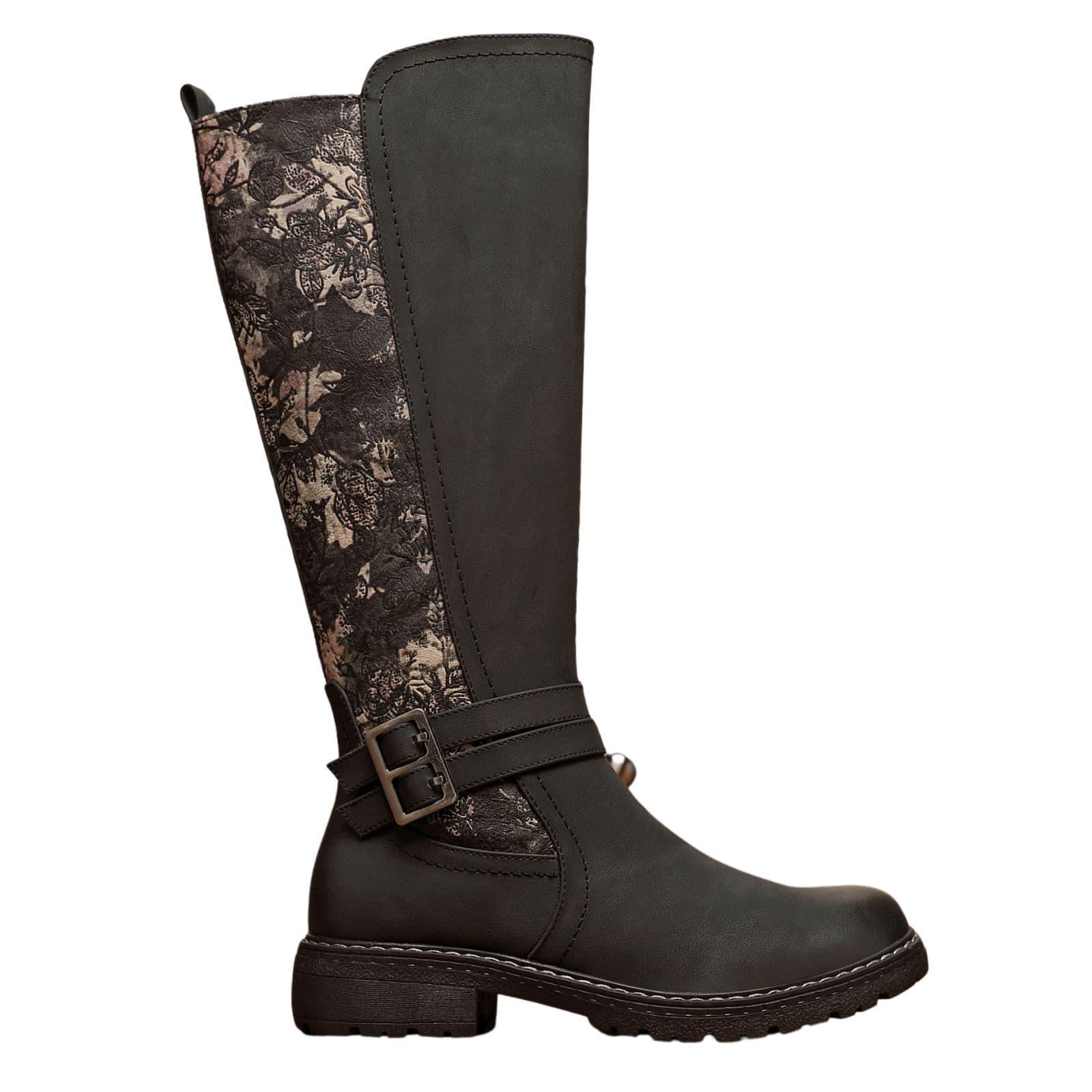 IVACHY Women's Tall Boots With Buckle & Lace Back in Black | Size: 7