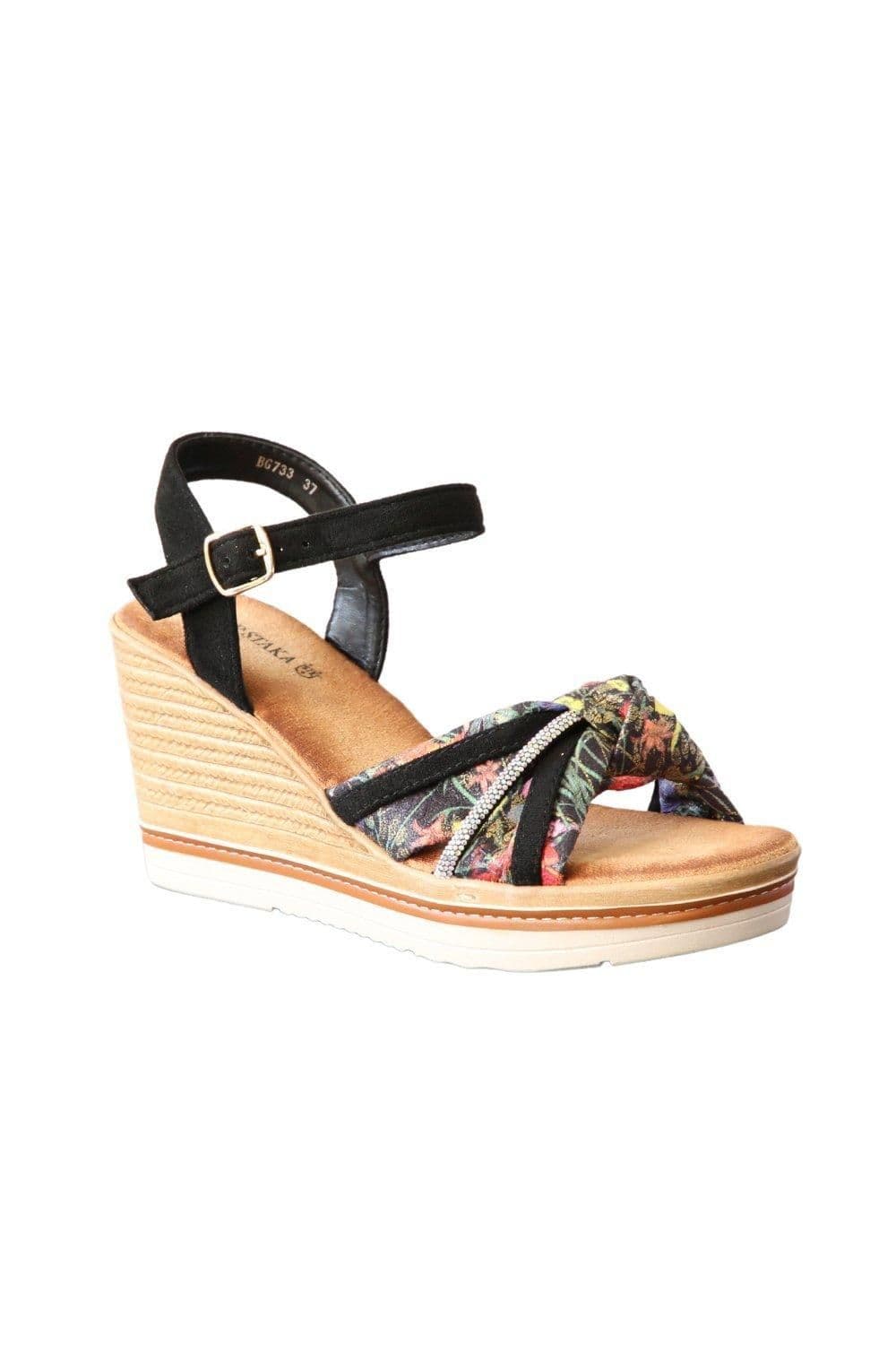 IVACHY Women's Wedge Sandals - Floral Tropical Design in Black | Size: 5