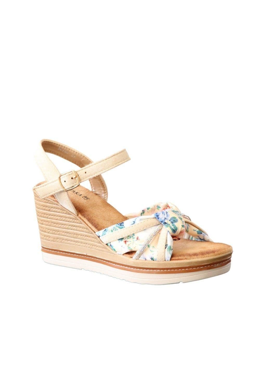 IVACHY Women's Wedge Sandals - Floral Tropical Design in Beige | Size: 7