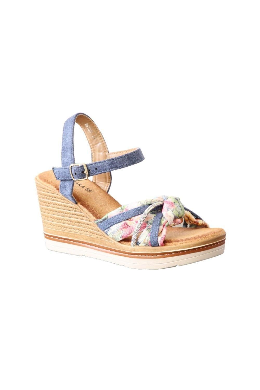 IVACHY Women's Wedge Sandals - Floral Tropical Design in Blue | Size: 6