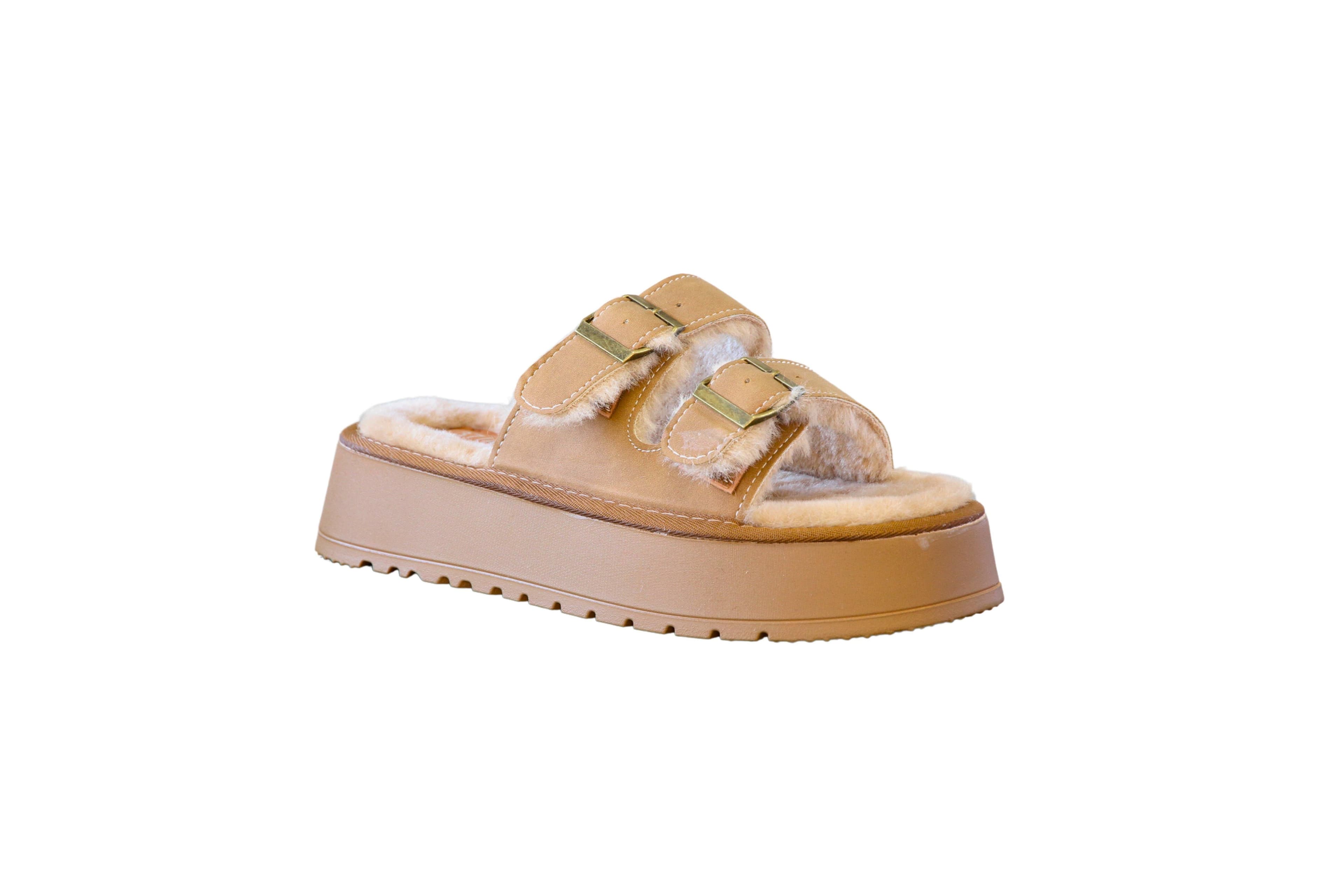 IVACHY Women's Platform Fashion Sandals with Faux Fur in Camel | Size: 6