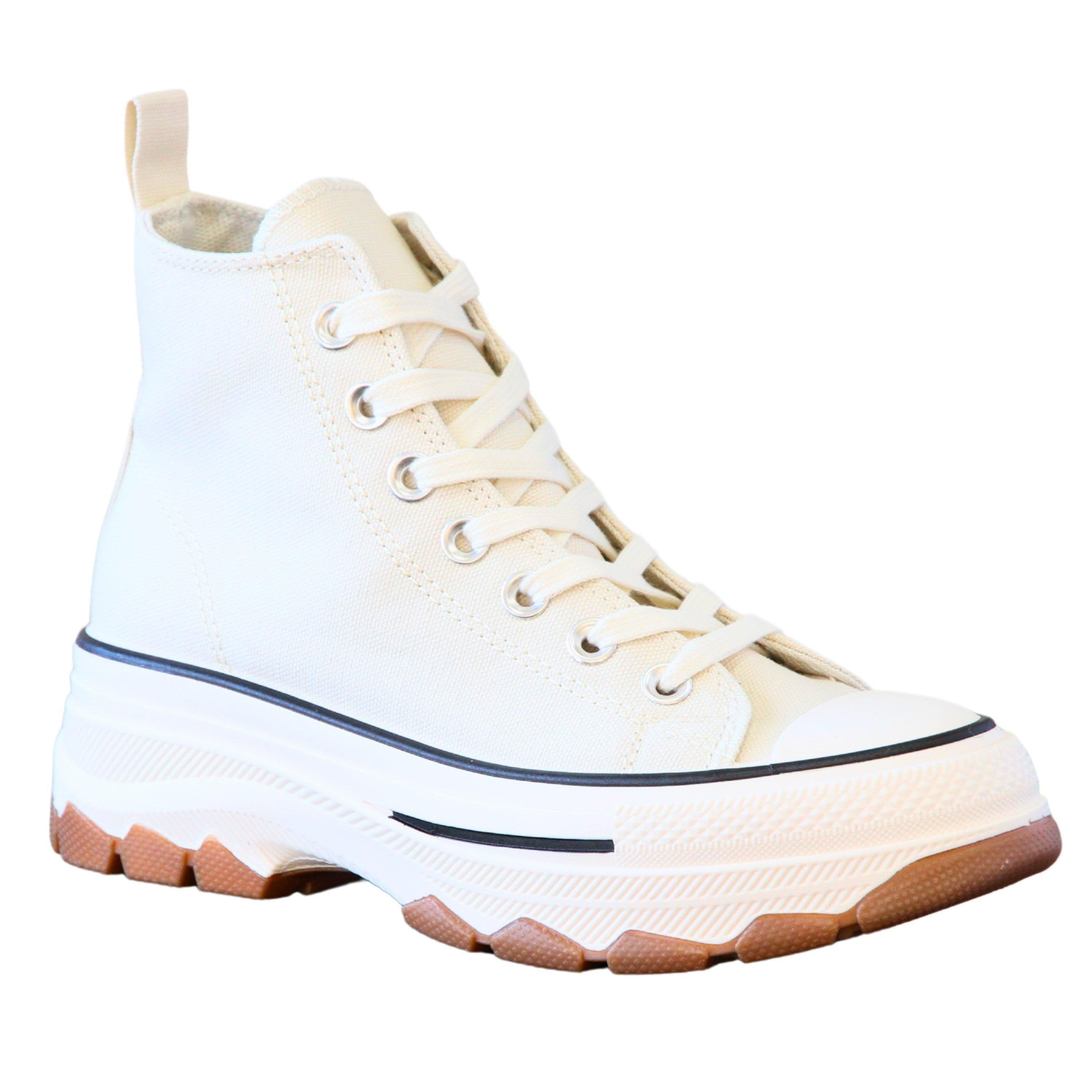 IVACHY Women's High Top Canvas Casual Comfy Daily Wear Chunky Flatform Wedge Trainers in Beige | Size: 7