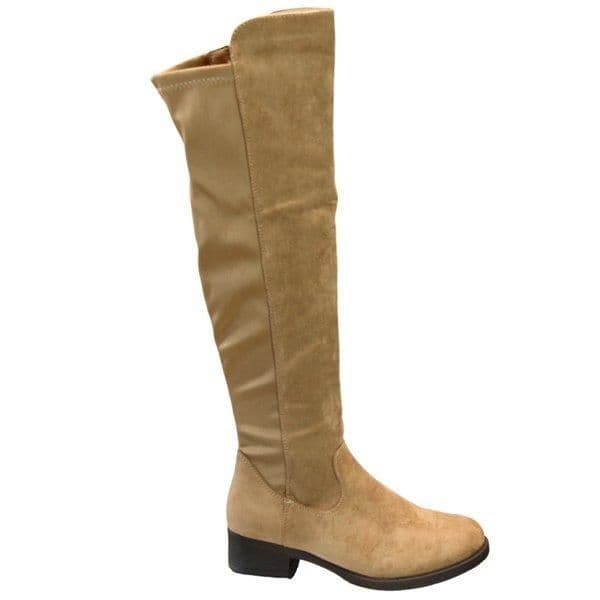 IVACHY Women's Elastic Band Zip Closure Faux Suede Flat High Knee Boots in Khaki | Size: 7.5