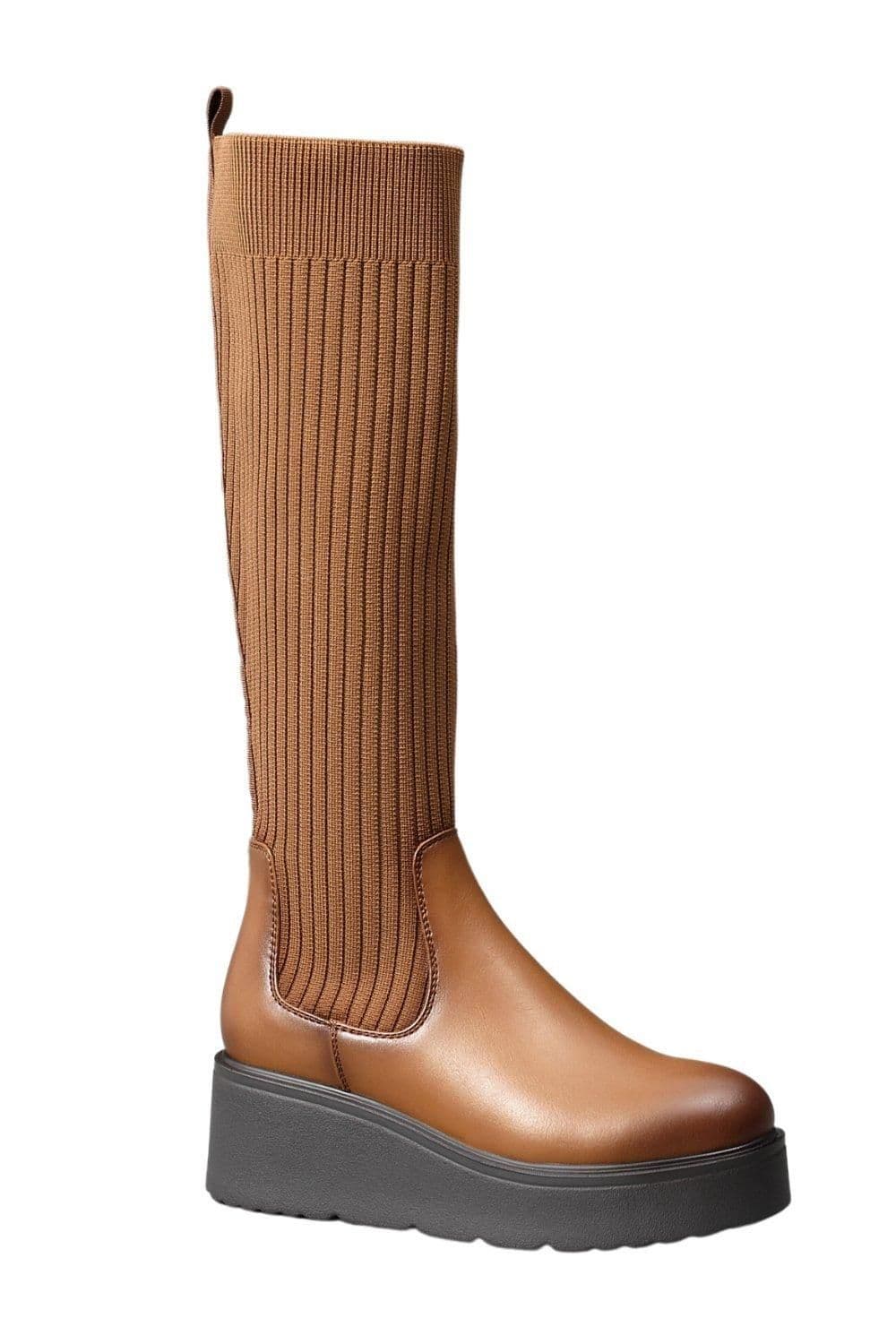 IVACHY Women's Chunky Flatform Elastic Adjustable Knit Ribbed Sock High Knee Boots in Camel | Size: 5