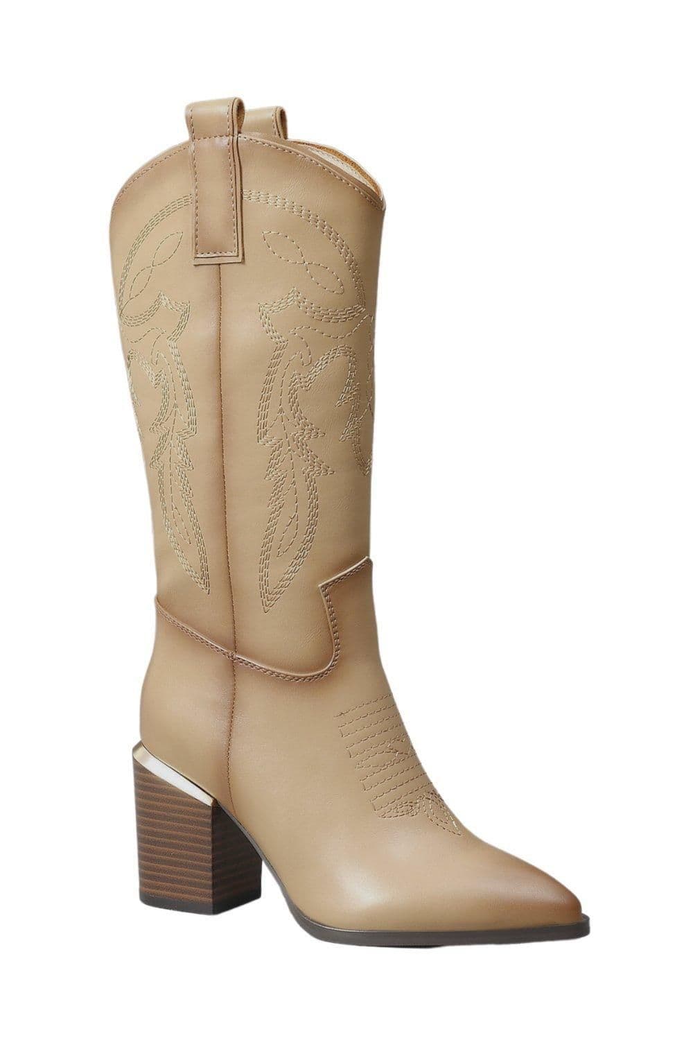 IVACHY Women's Western Style Cowboy Pointed Toe Block Heel Under Knee High Boots with Zippers in Beige | Size: 6