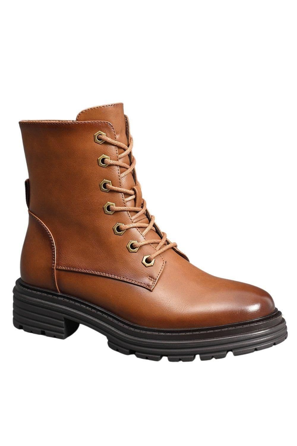 IVACHY Women's Lace Up Black Chunky Combat Style Hexagon 7 Eyelets Platform Ankle Boots in Camel | Size: 3