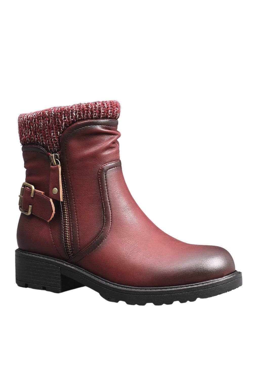 IVACHY Women's Super Comfy Cushioned English-Style Kitten Cuff Ribbed-Knit Ankle Boots in Wine | Size: 5