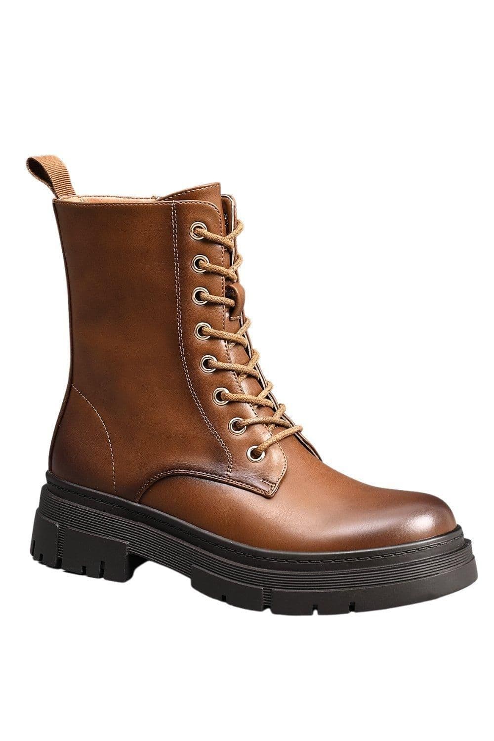 IVACHY Women's Lace Up Black Chunky Combat Style Platform Ankle Boots with Zip Closure in Camel | Size: 5