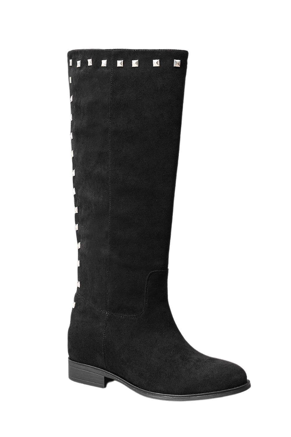 IVACHY Women's Fashion Studs Smart Flat Knee Suede High Boots with Zip Closure in Black | Size: 4