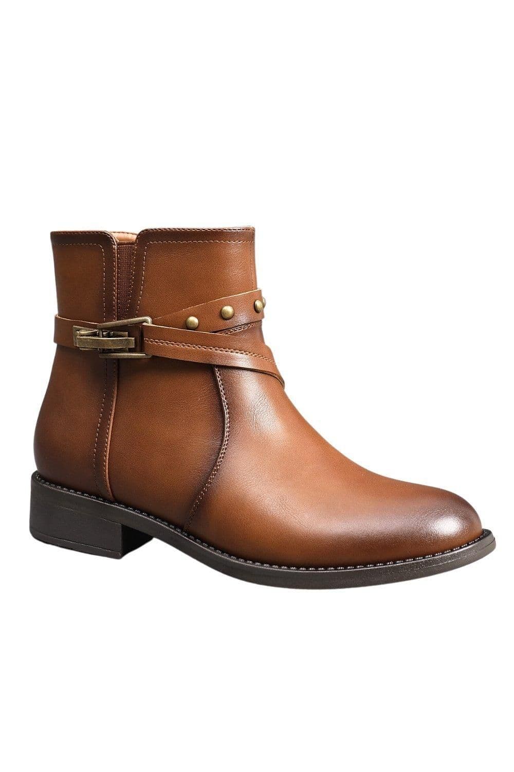 IVACHY Women's Metalic studs Almond Toe Fur Lining Ankle Boots with Buckle & Zip Closure in Camel | Size: 7