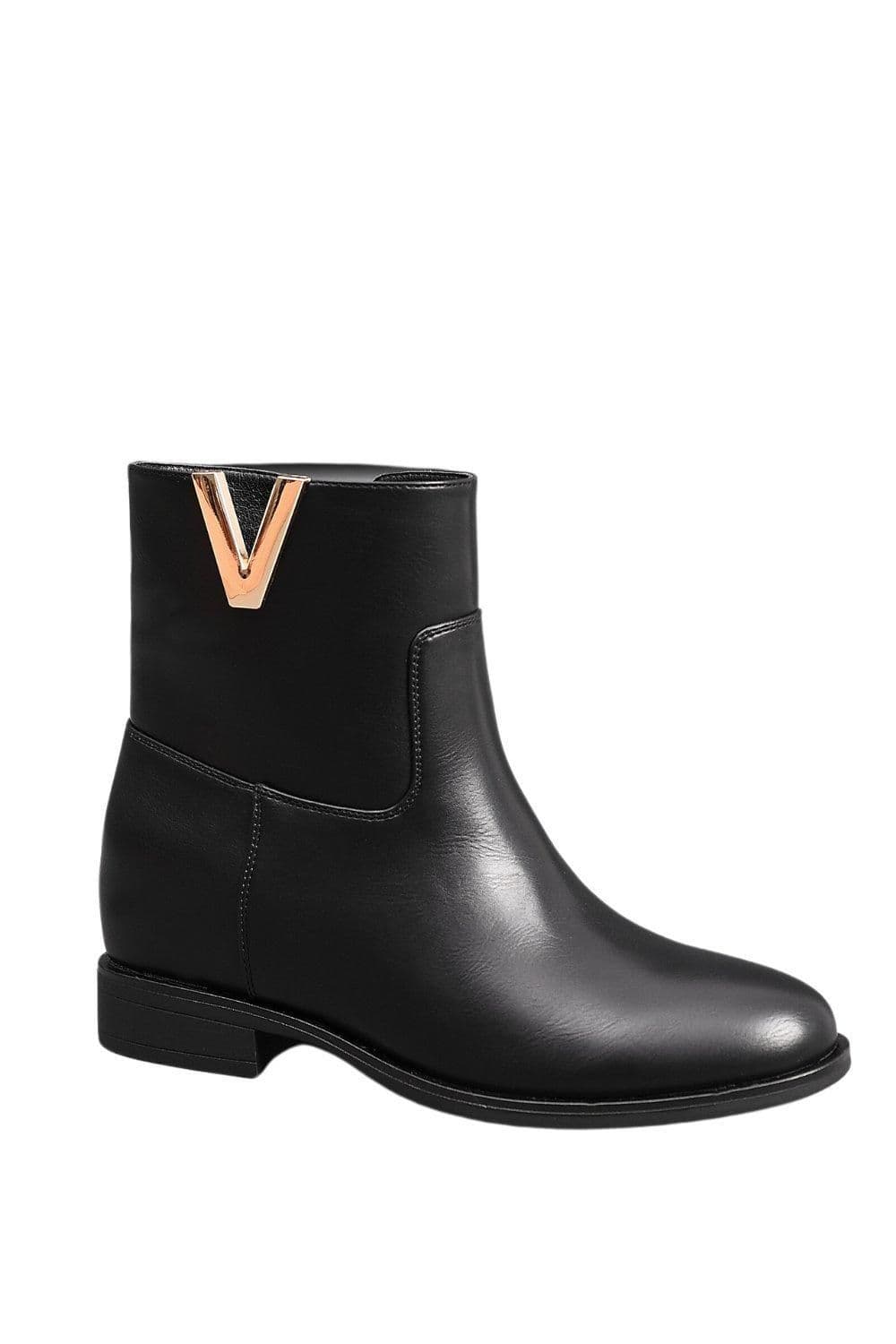 IVACHY Women's Almond Toe V-shaped Gold Ornament Zip Closure Fur Lining Interior Flat Ankle Boots in Black | Size: 5