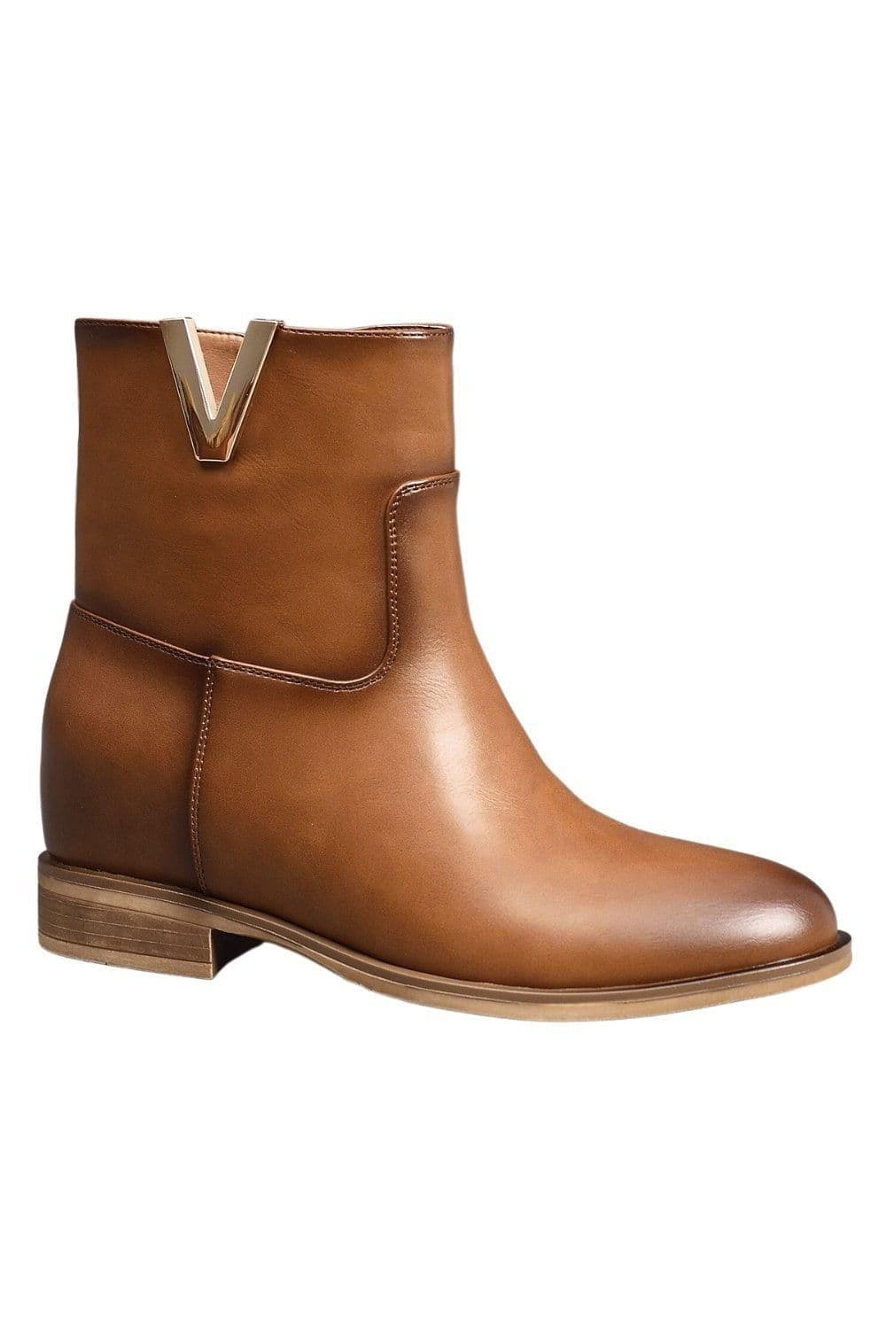 IVACHY Women's Almond Toe V-shaped Gold Ornament Zip Closure Fur Lining Interior Flat Ankle Boots in Camel | Size: 7