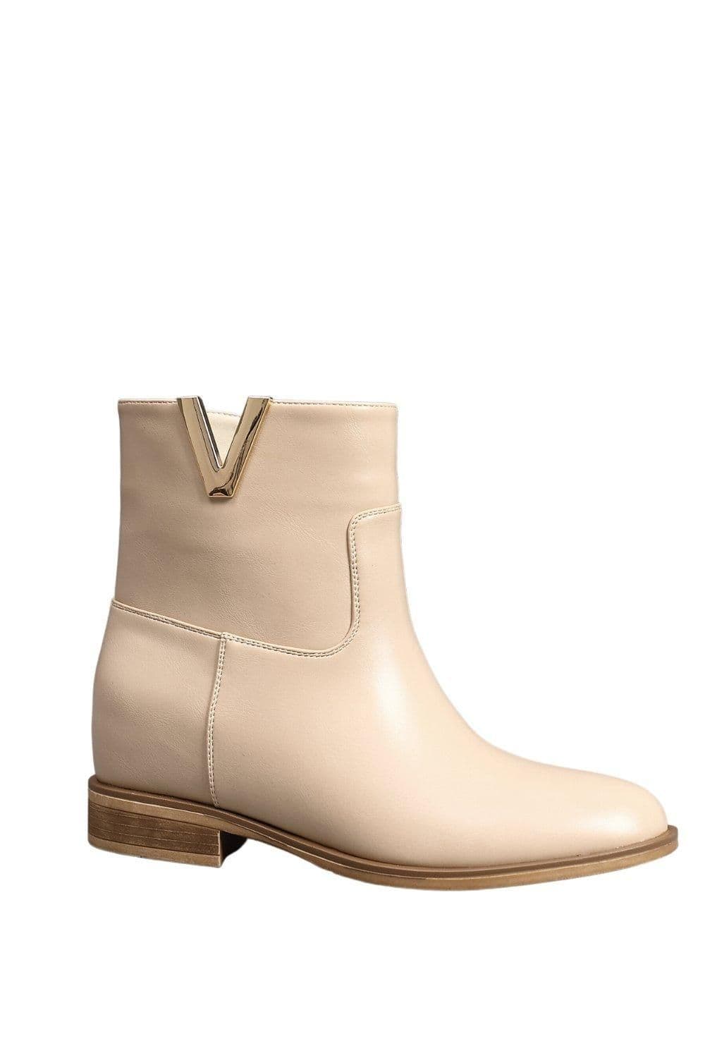 IVACHY Women's Almond Toe V-shaped Gold Ornament Zip Closure Fur Lining Interior Flat Ankle Boots in Beige | Size: 4