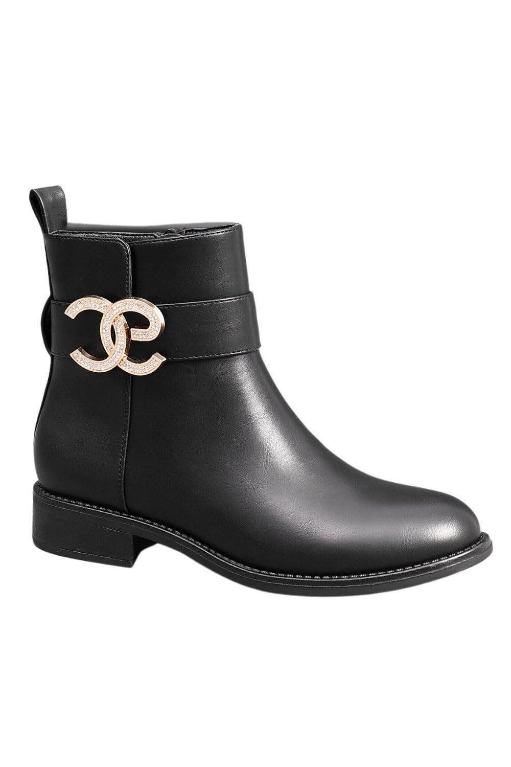 IVACHY Women's Crystal Diamond Buckle Fur Lining Interior Zip Closure Flat Ankle Boots in Black | Size: 4