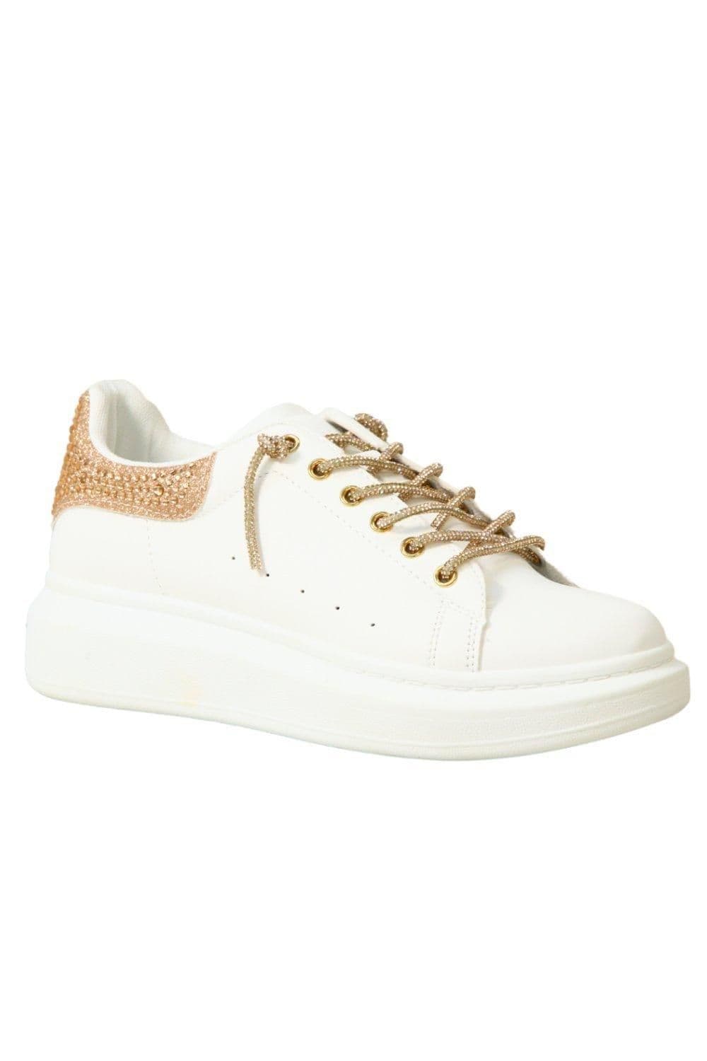 IVACHY Women's Fashion Comfort Glitter Sparkling Crystal Lace Up Flatform Wedge Trainers in Beige | Size: 7.5