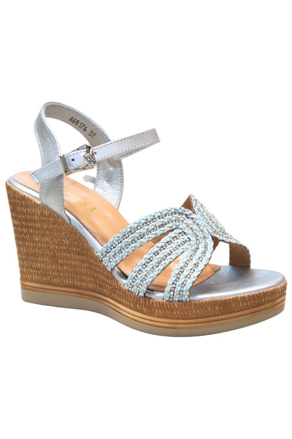 IVACHY Women's Sparkling Crystal Shiny Buckle Wood Effect Wedge Heel Party Sandals in Silver | Size: 7