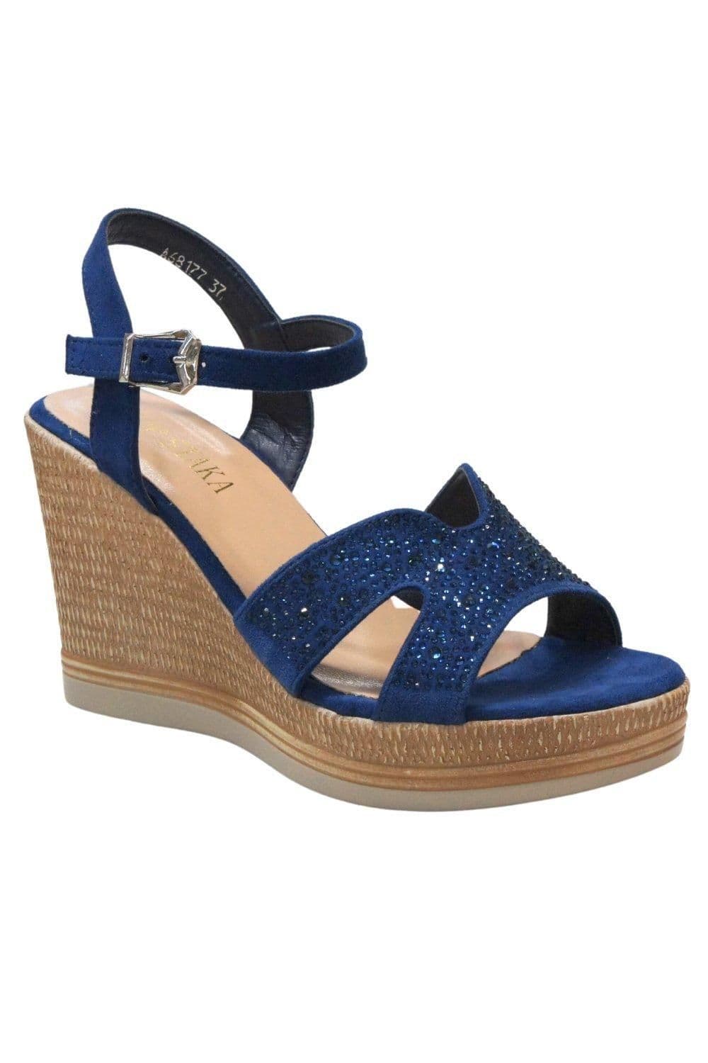 IVACHY Women's Sparkling Diamond Glitter Buckle Closure Wedge Party Sandals in Blue | Size: 7.5