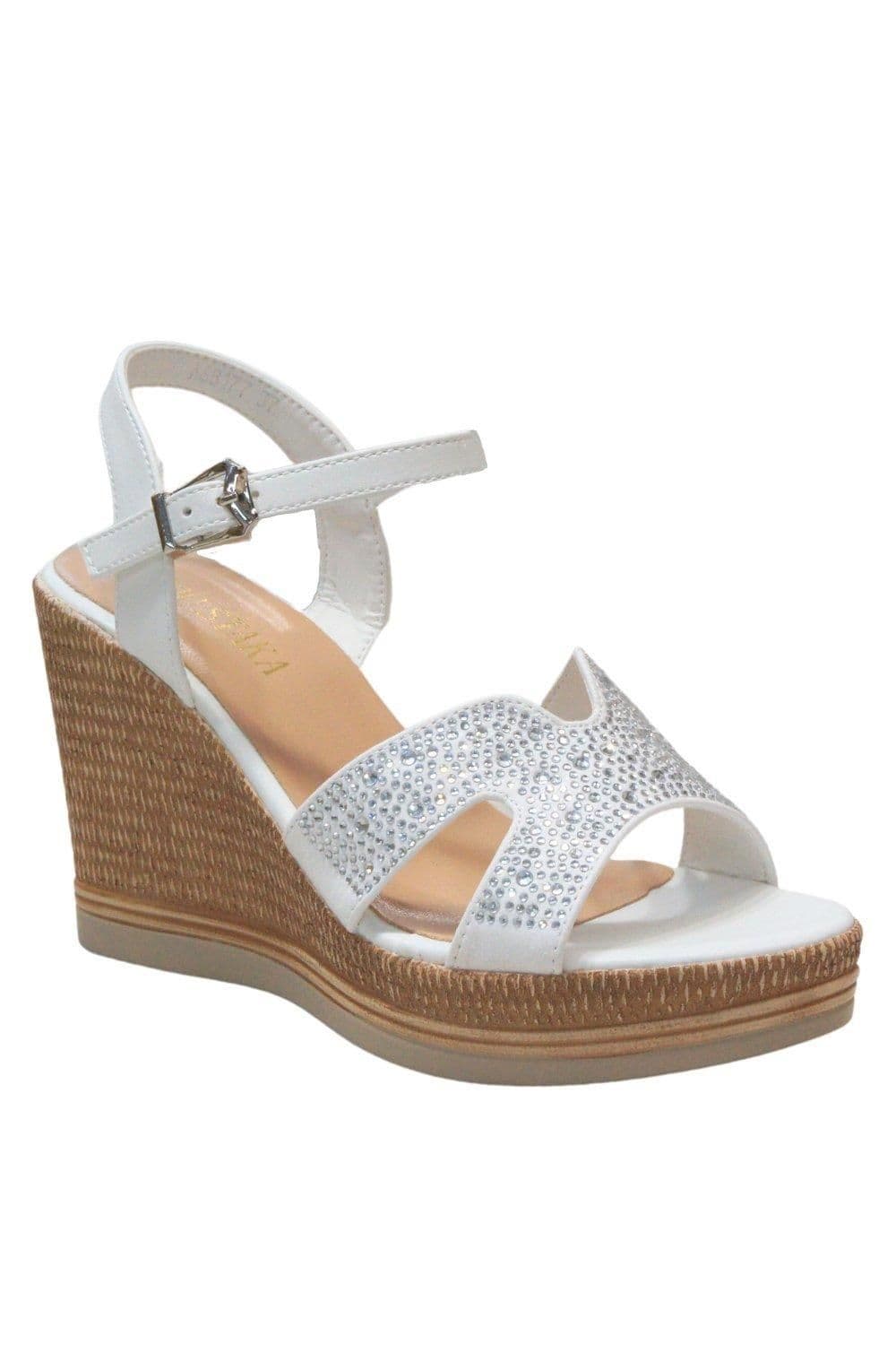 IVACHY Women's Sparkling Diamond Glitter Buckle Closure Wedge Party Sandals in White | Size: 4