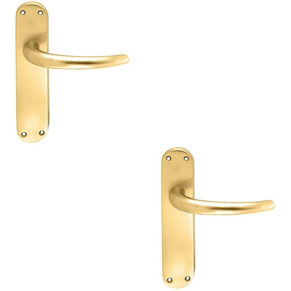 2x PAIR Slim Round Bar Handle on Shaped Latch Backplate 185 x 40mm Satin Brass