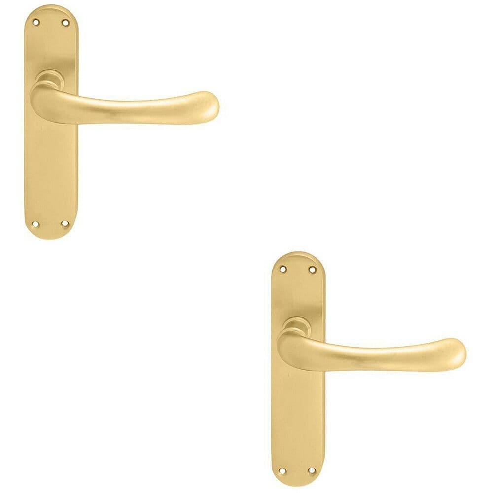 2x PAIR Smooth Rounded Handle on Shaped Latch Backplate 185 x 42mm Satin Brass