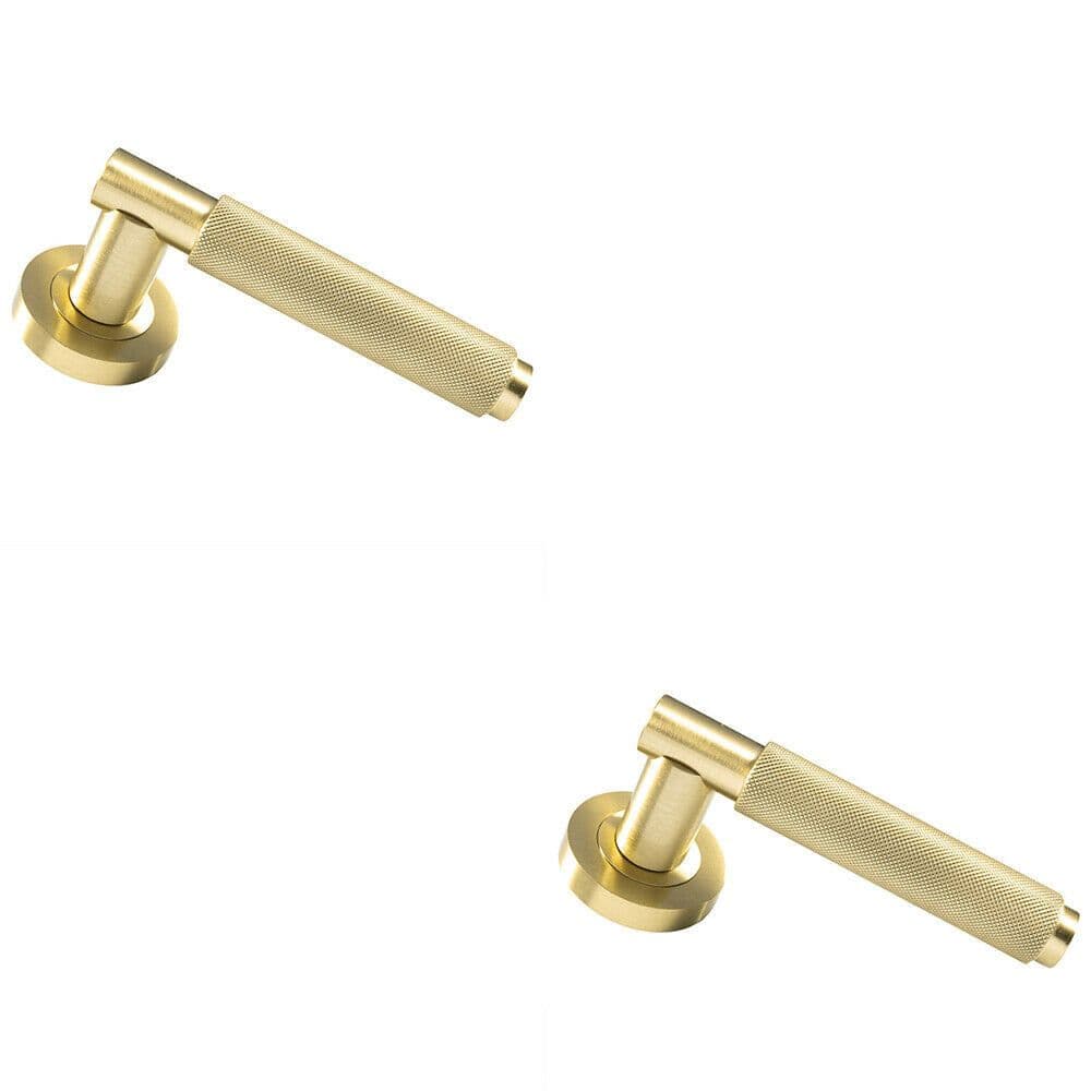 2x PAIR Knurled Grip Round Bar Handle on Round Rose Concealed Fix Satin Brass