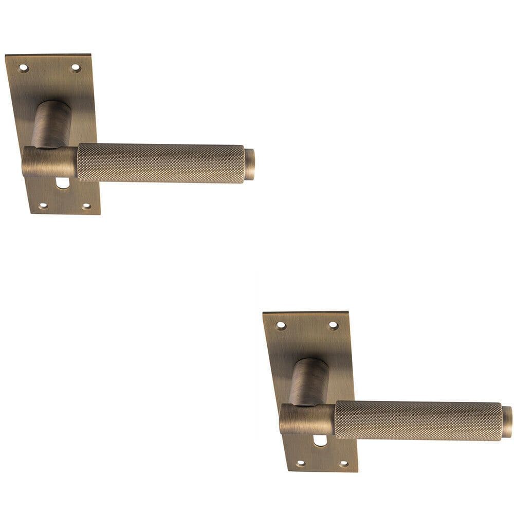 2x PAIR Knurled Round Handle on Slim Lock Backplate 150 x 50mm Antique Brass