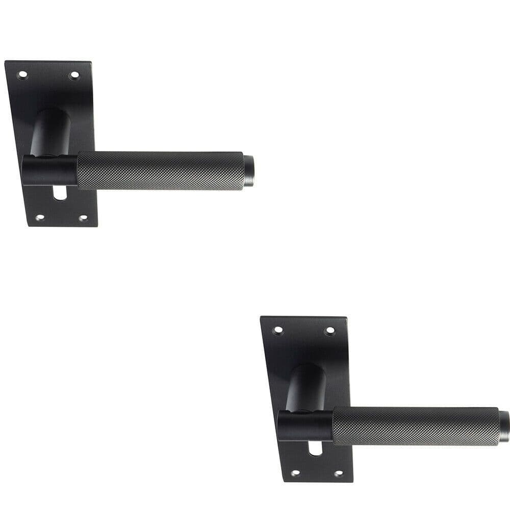 2x PAIR Knurled Round Handle on Slim Lock Backplate 150 x 50mm Matt Black